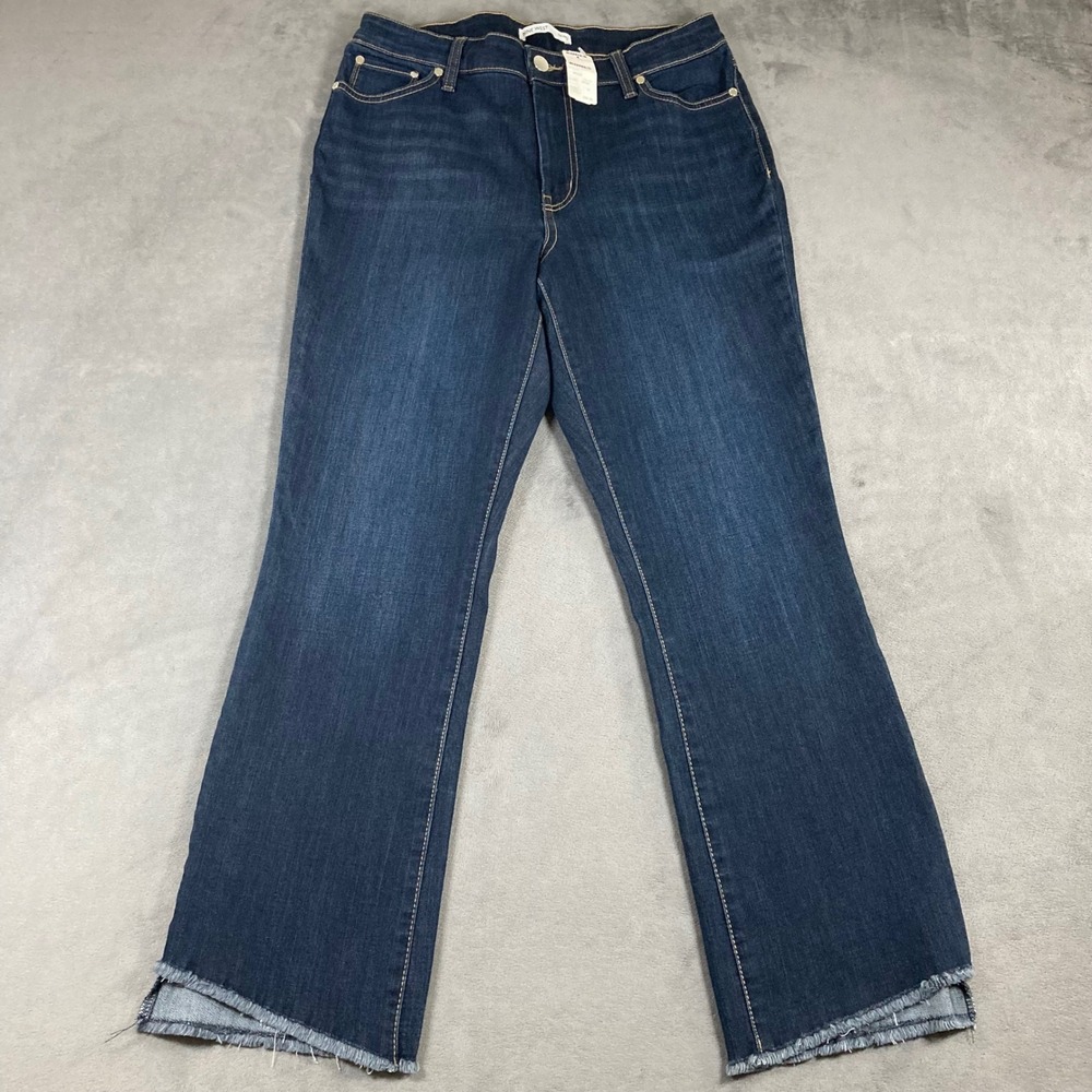 Nine West Kick Flare Jeans Womens 12 Dark Blue Raw Step Hem High Rise